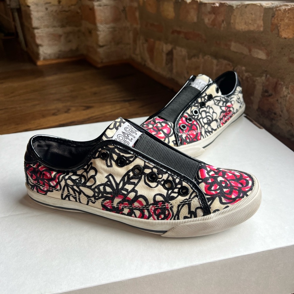 Coach Black and Red Floral Slip-On Sneakers
